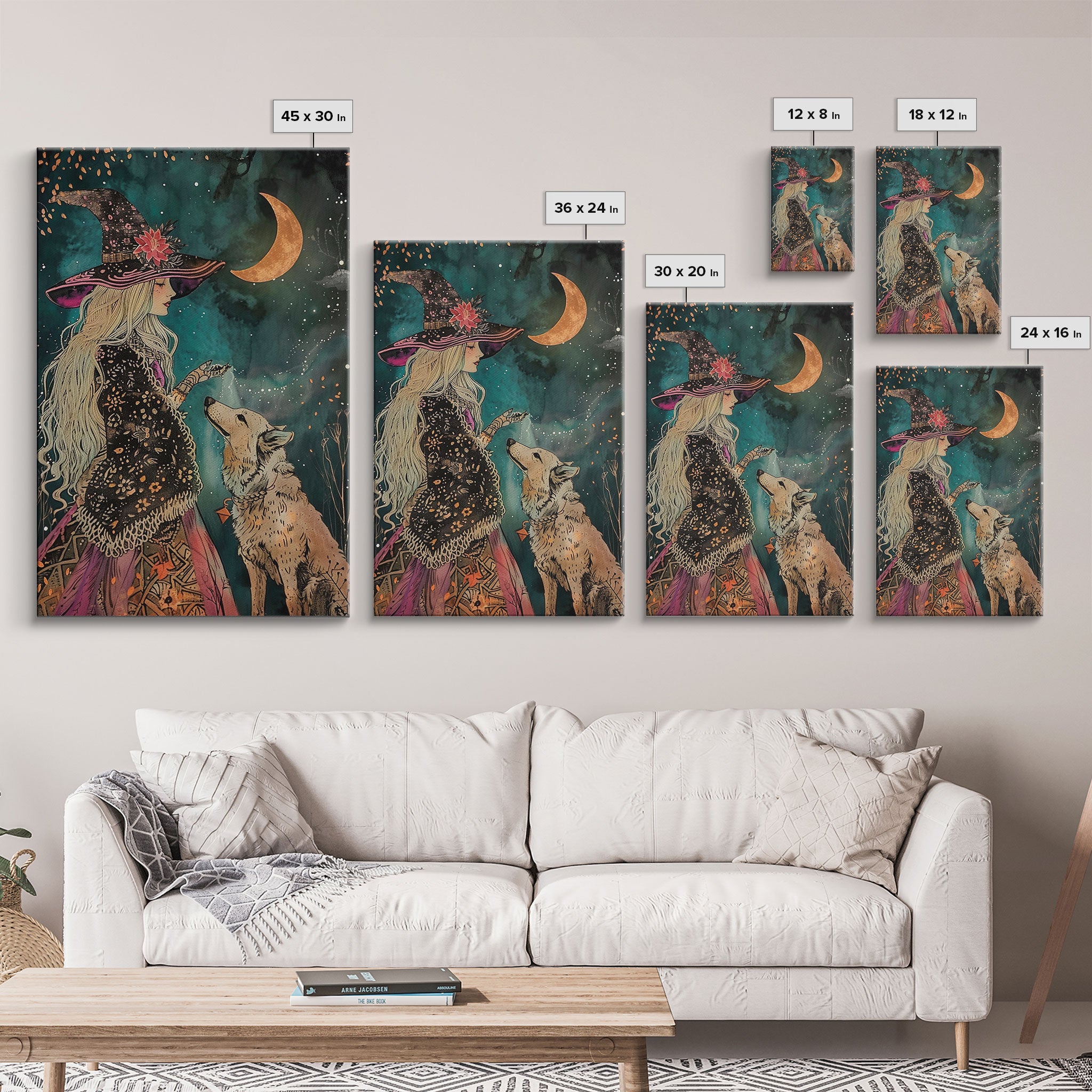 Mystical Witch and Wolf Under Crescent Moon - Halloween Wall Art - Spooky Home Decor - Perfect Halloween Gift - Witch and Wolf Painting