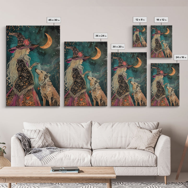 Mystical Witch and Wolf Under Crescent Moon - Halloween Wall Art - Spooky Home Decor - Perfect Halloween Gift - Witch and Wolf Painting