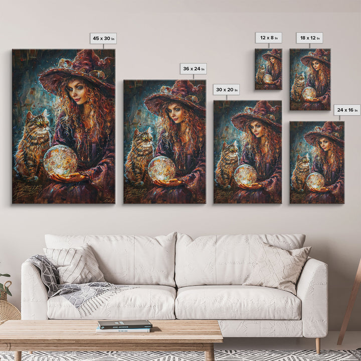 Enchanting Witch with Crystal Ball, Framed Canvas Print, Mystical Halloween Art, Spooky Witch Decor, Witchcraft Illustration, Magical Decor