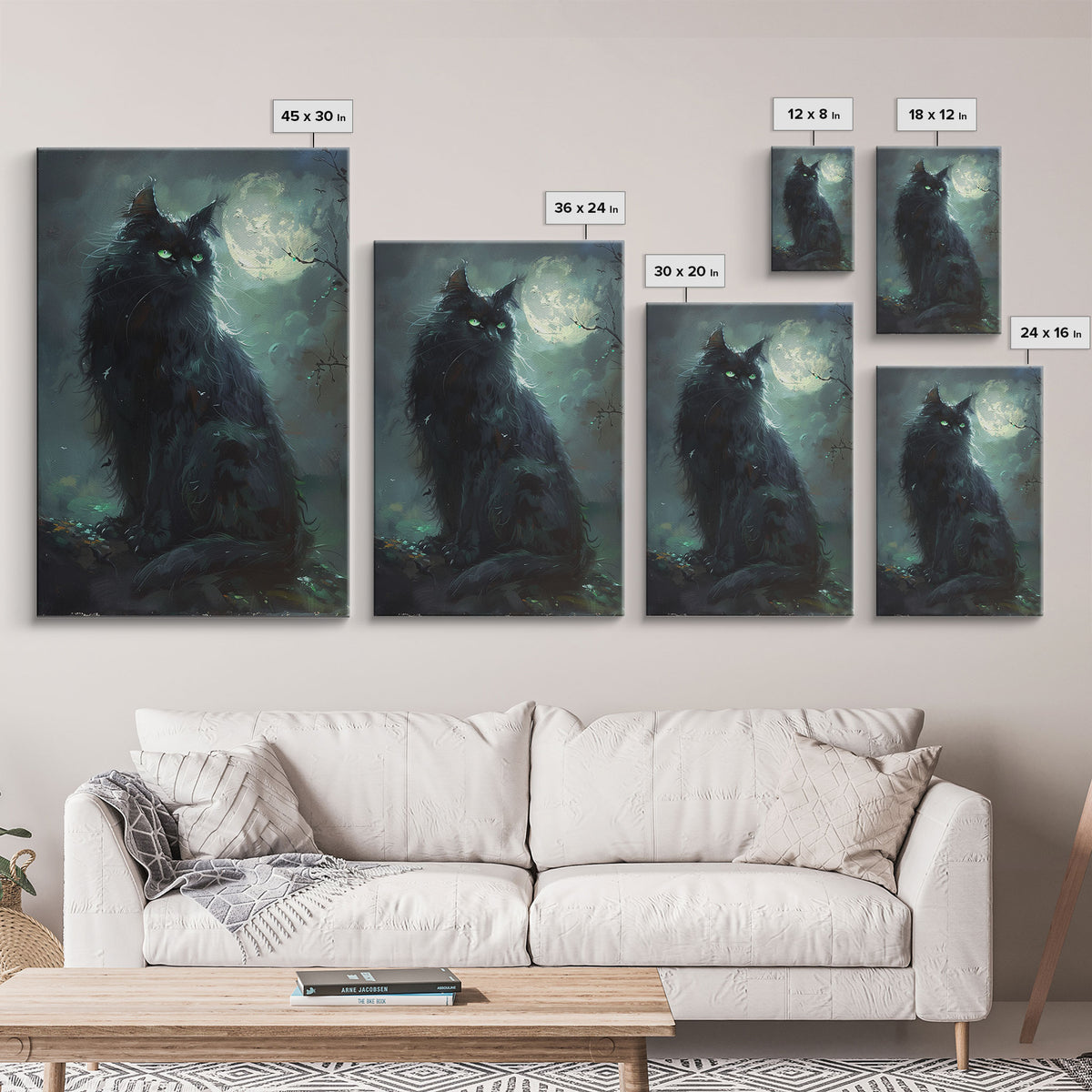 Sinister Black Cat with Green Eyes Under Moonlight - Spooky Halloween Artwork Framed Canvas Print, Gothic Home Wall Decor