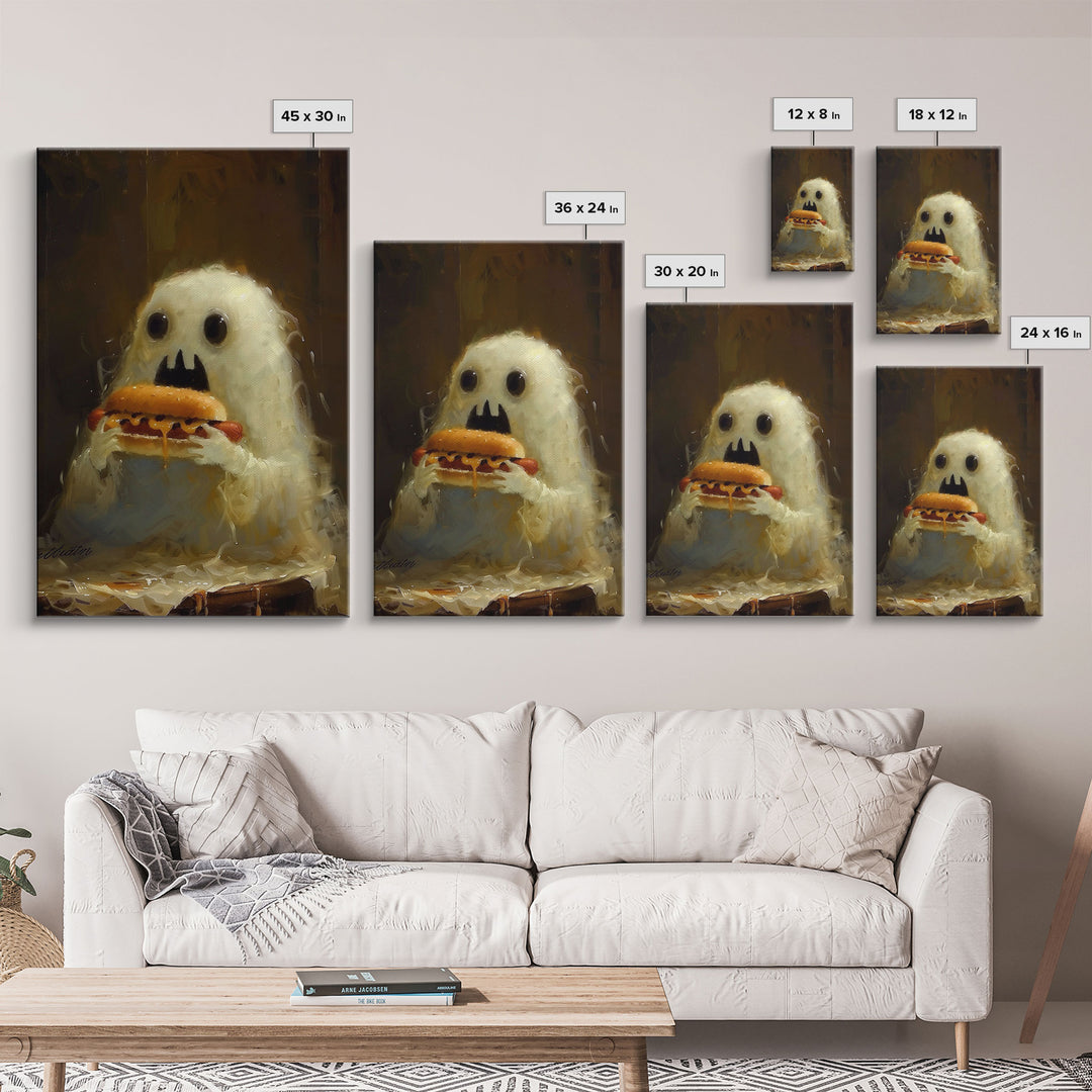 Cute Ghost Chompin on A Hot Dog, Ghostly Hot Dog Thief, Framed Canvas Print, Funny Halloween Spooky Season Art