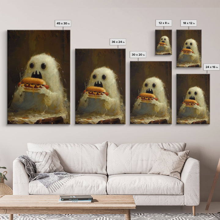 Cute Ghost Chompin on A Hot Dog, Ghostly Hot Dog Thief, Framed Canvas Print, Funny Halloween Spooky Season Art