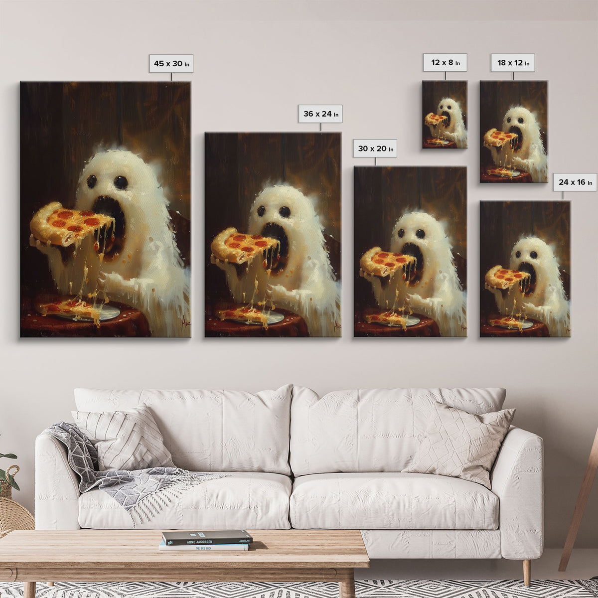 Cute Ghost Chompin on A Pizza, Ghostly Pizza Pirate, Framed Canvas Print, Funny Halloween Spooky Season Art