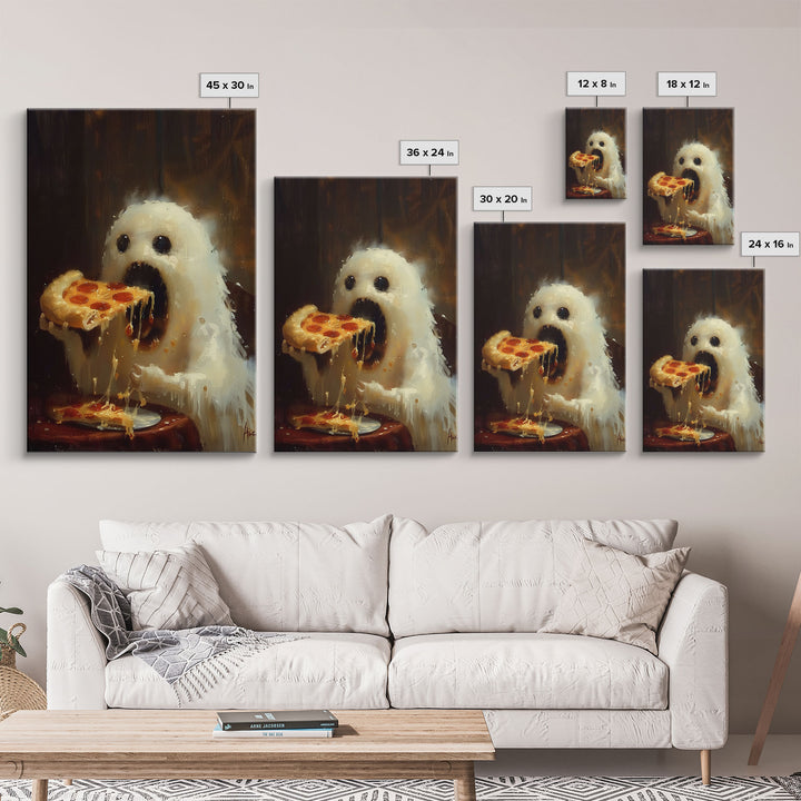 Cute Ghost Chompin on A Pizza, Ghostly Pizza Pirate, Framed Canvas Print, Funny Halloween Spooky Season Art