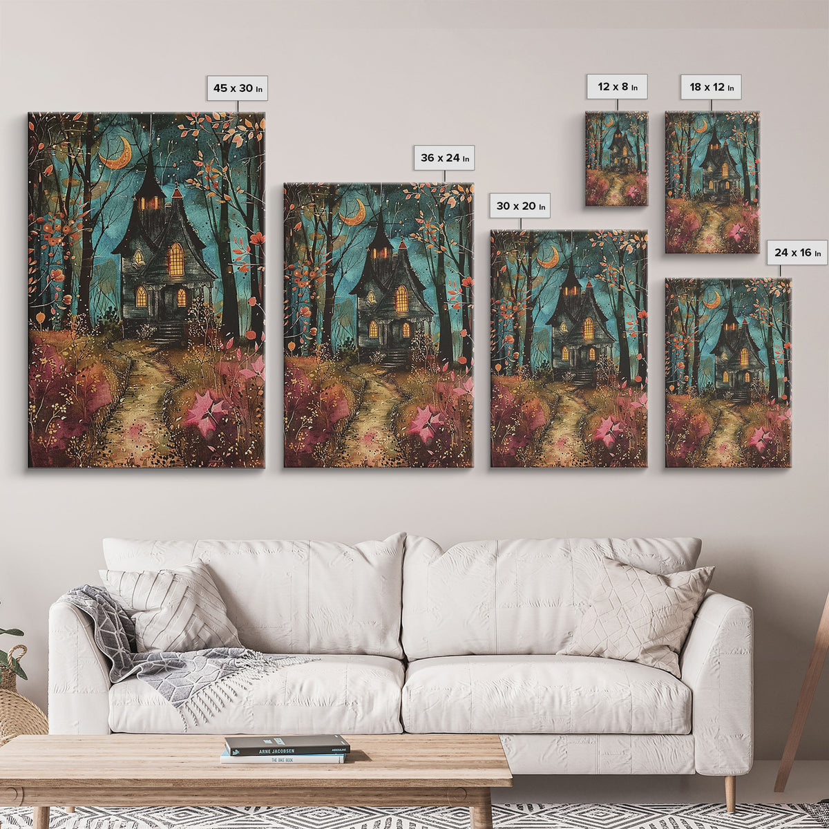 Enchanted Forest Pathway Framed Canvas Print, Haunted Woods Art, Halloween Night, Spooky Path Decor, Mysterious Artwork, Framed Canvas Print
