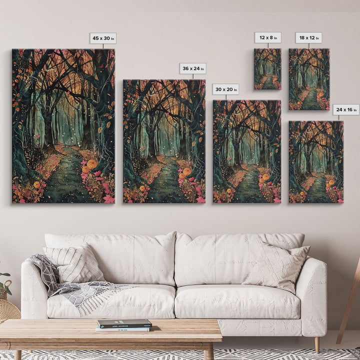 Haunted Pathway Through the Woods Framed Canvas Print, Spooky Forest Art, Halloween Night Scene, Mysterious Path Decor, Framed Canvas Print
