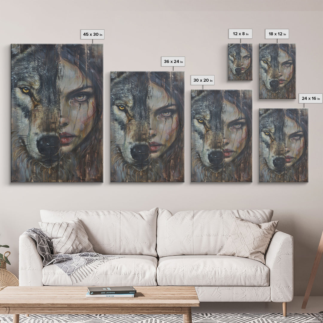 Half Witch Half Wolf, Double Exposure, Unique Halloween Art Framed Canvas Print, Halloween Products, Spooky Witch Poster Art