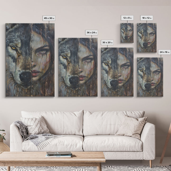 Half Witch Half Wolf, Double Exposure, Unique Halloween Art Framed Canvas Print, Halloween Products, Spooky Witch Poster Art