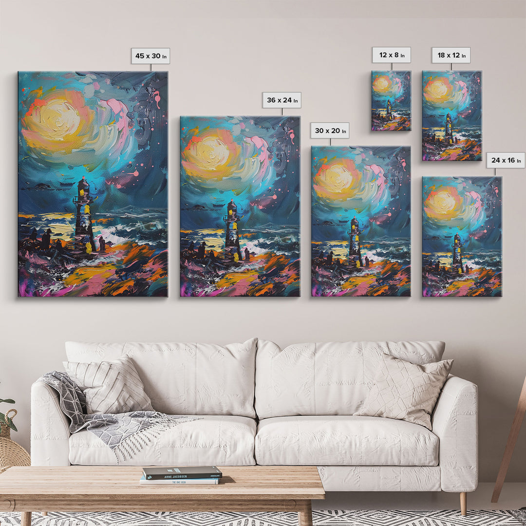 Moonlit Lighthouse Framed Canvas Print, Halloween Wall Art, Haunted Lighthouse Art, Spooky Night Decor Ocean Horror Art Halloween Home Decor