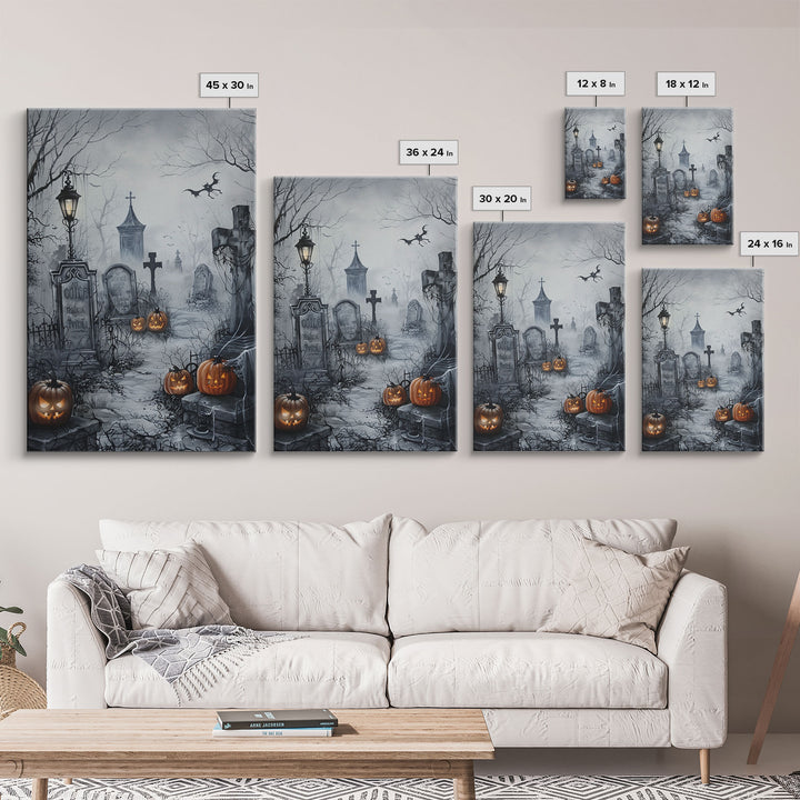 Eerie Graveyard with Pumpkins Framed Canvas Print, Halloween Wall Art, Spooky Cemetery, Home Decor, Gothic Artwork, Living Room Art, Creepy