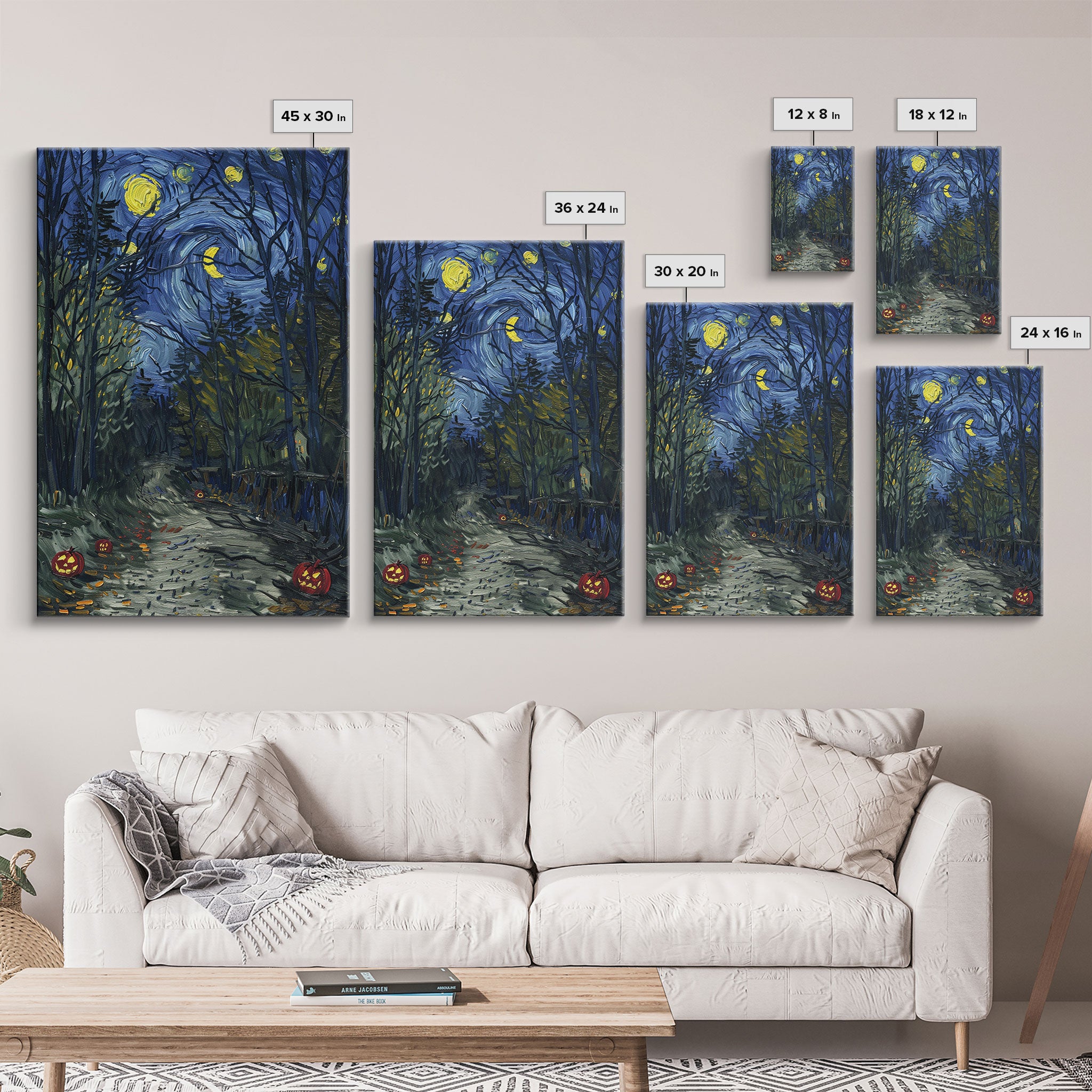 Dark Forest Path with Pumpkins Framed Canvas Print, Halloween Wall Art, Starry Night Inspired, Home Decor, Spooky Art, Living Room Decor