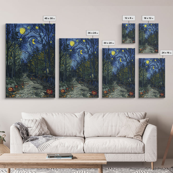 Dark Forest Path with Pumpkins Framed Canvas Print, Halloween Wall Art, Starry Night Inspired, Home Decor, Spooky Art, Living Room Decor