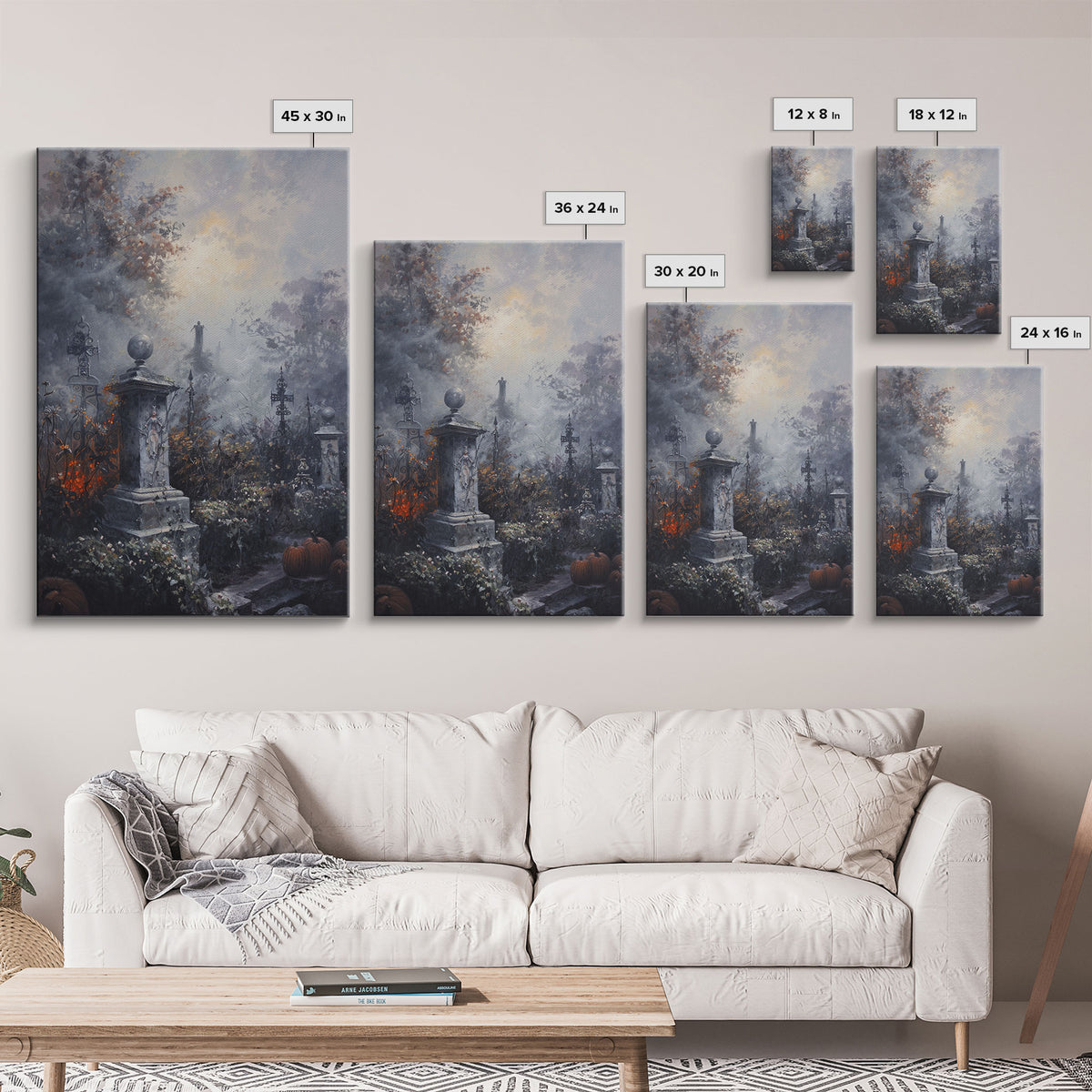 Gothic Cemetery with Statues Framed Canvas Print, Halloween Wall Art, Haunted Graveyard, Home Decor, Spooky Art, Living Room Decor, Gothic