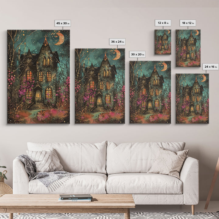 Enchanted Gothic House Framed Canvas Print, Halloween Wall Art, Spooky Art, Home Decor, Living Room Decor, Gothic Artwork, Haunted House