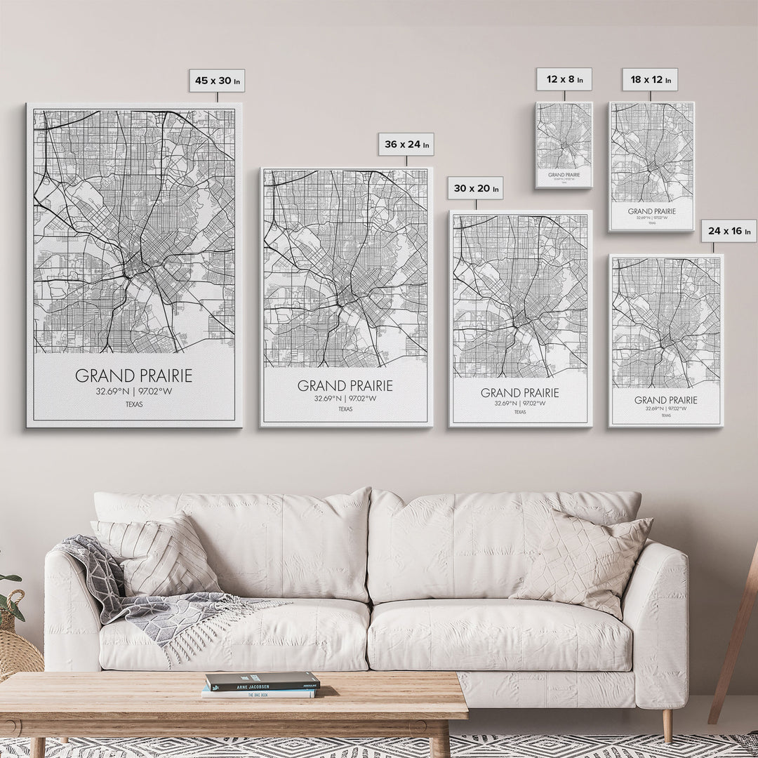 Grand Prairie Street Map, Texas Map, City Map Art, Minimalist Art, Wall Art, Canvas Print, Black And White, Travel Print, Anniversary Gift