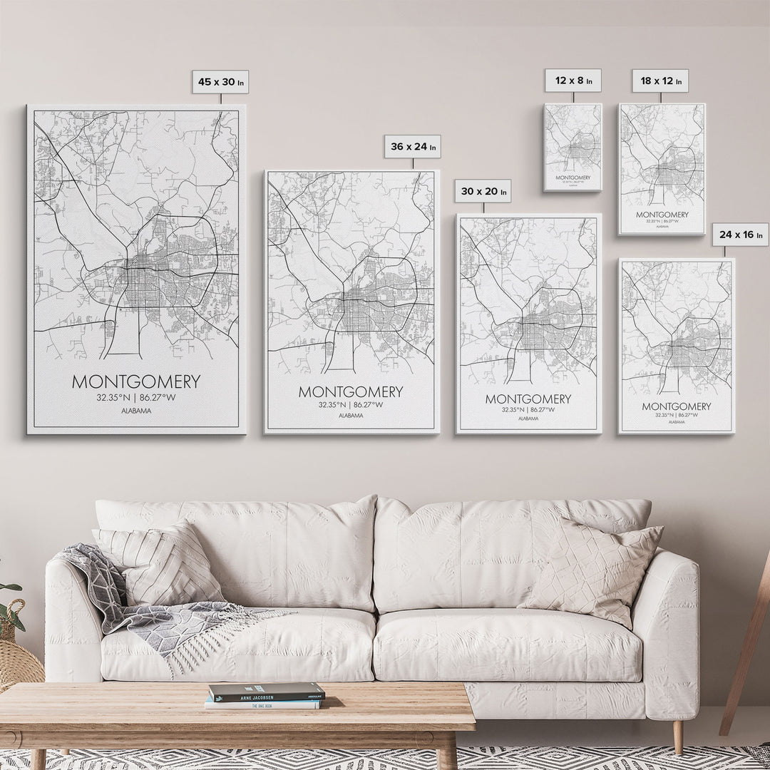 Montgomery Street Map, Alabama Map, City Map Art, Modern Art, Wall Art, Canvas Print, Bedroom Print, Family Gift, Travel Wall Décor