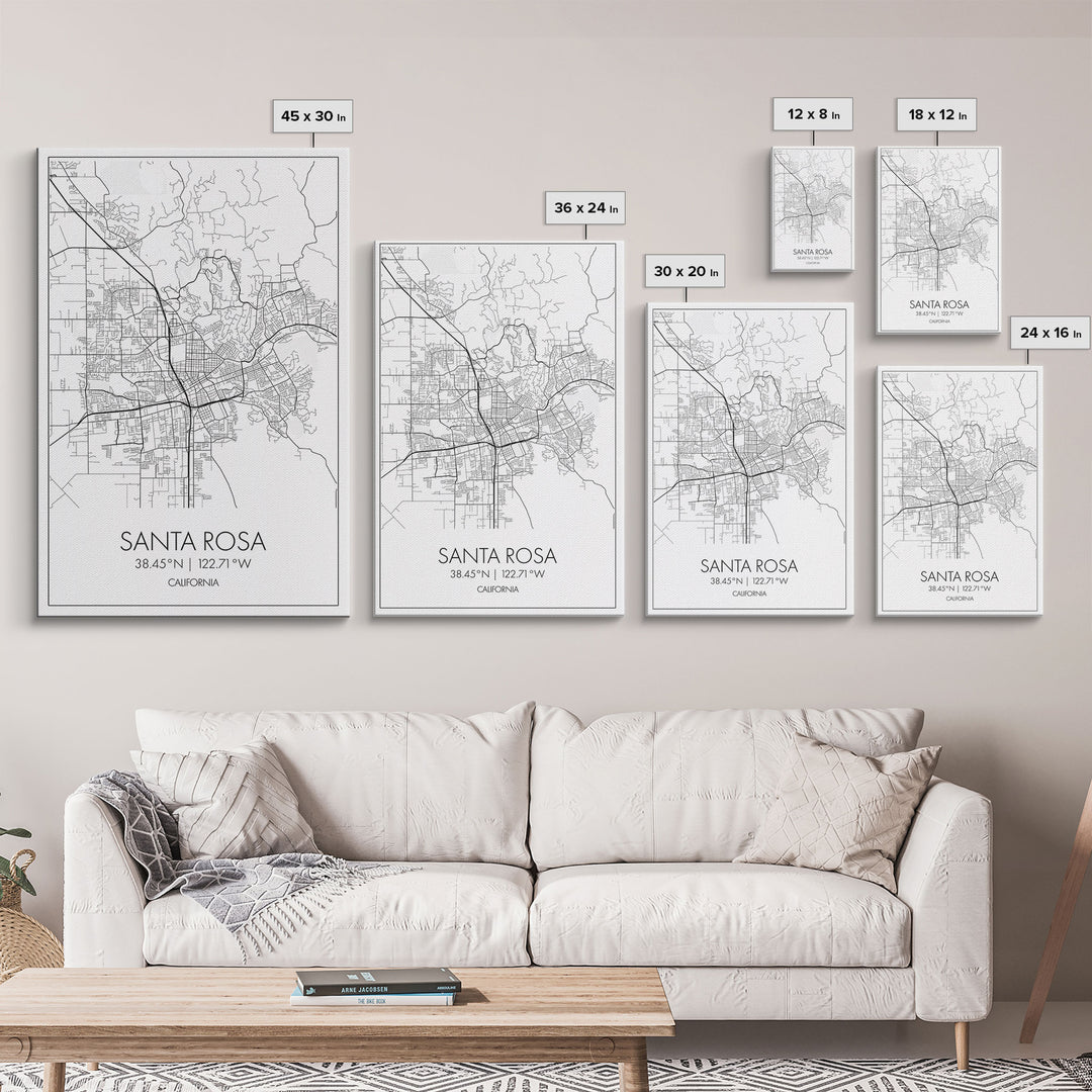 Santa Rosa Street Map, California Map, City Map Print, Minimalist Art, Wall Art, Canvas Print, Bedroom Wall Art, Travel Gift, Travel Art