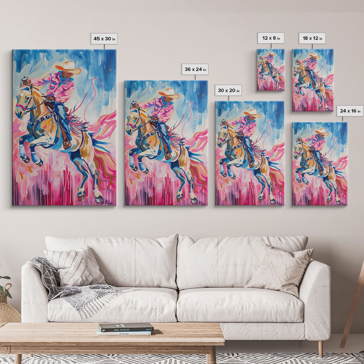 Dynamic Cowboy and Horse Painting - Colorful Western Art, Framed Canvas Print, Living Room Decor, Cowboy Riding Wall Art