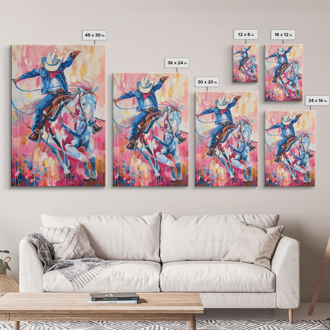 Energetic Cowboy on Horseback - Vibrant Western Art, Framed Canvas Print, Living Room Decor, Cowboy Rodeo Painting, Colorful Wall Art