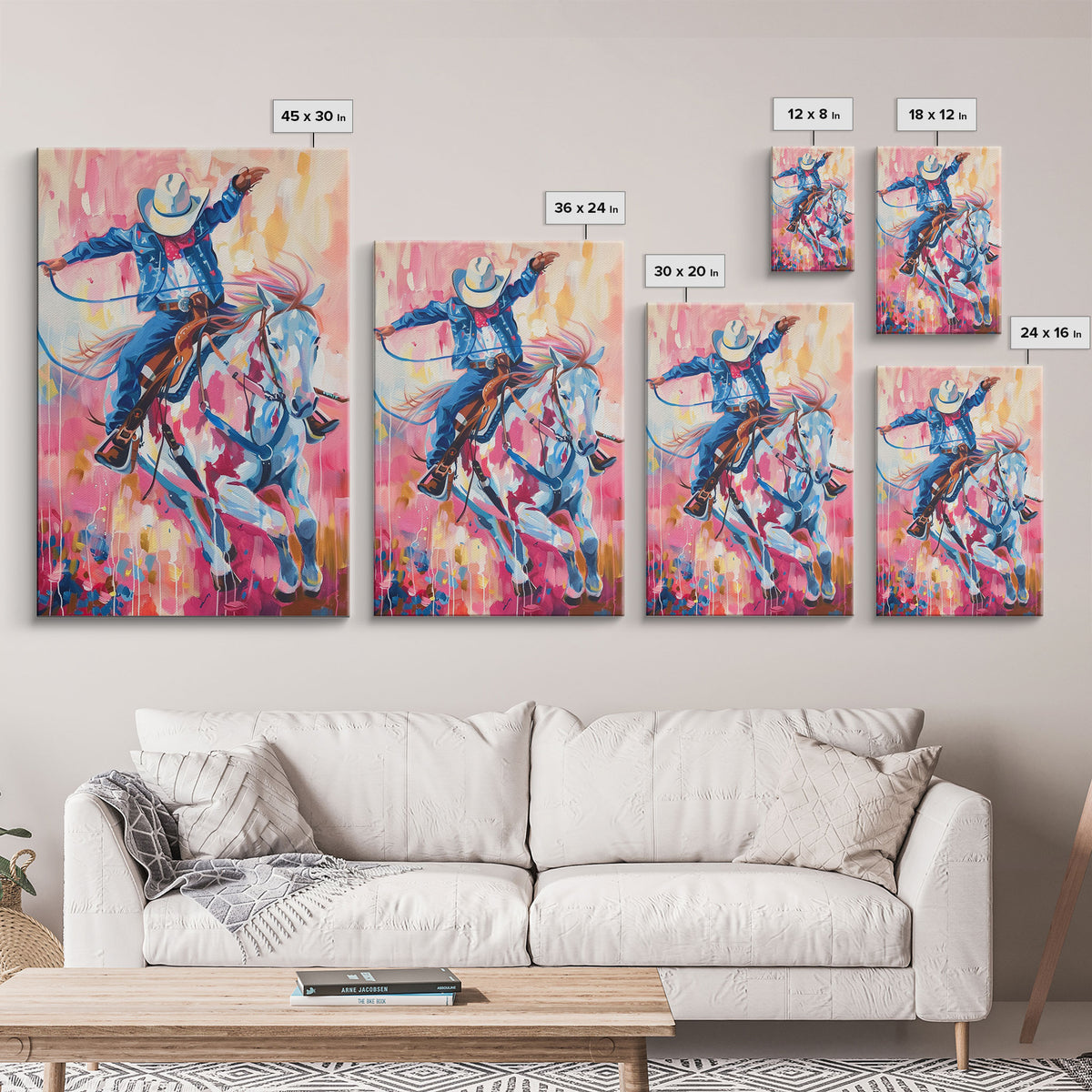 Energetic Cowboy on Horseback - Vibrant Western Art, Framed Canvas Print, Living Room Decor, Cowboy Rodeo Painting, Colorful Wall Art