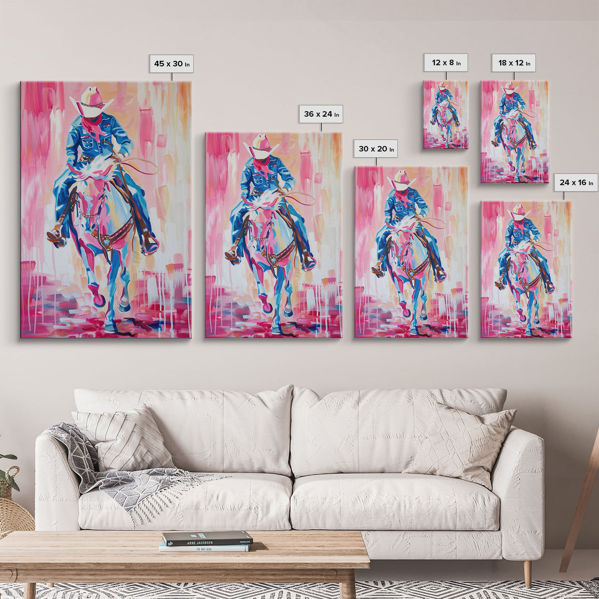 Cowboy Riding in Pink - Colorful Western Art, Framed Canvas Print, Living Room Decor, Cowboy Painting, Vibrant Wall Art