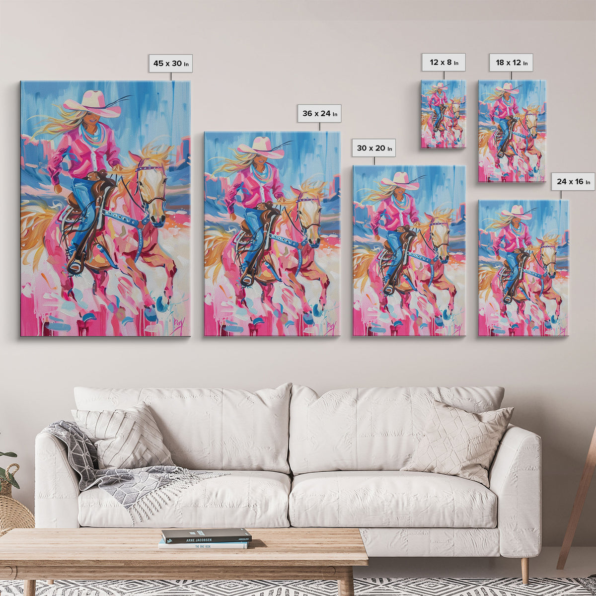 Dynamic Cowgirl and Horse - Colorful Western Art, Framed Canvas Print, Living Room Decor, Cowgirl Painting, Vibrant Wall Art