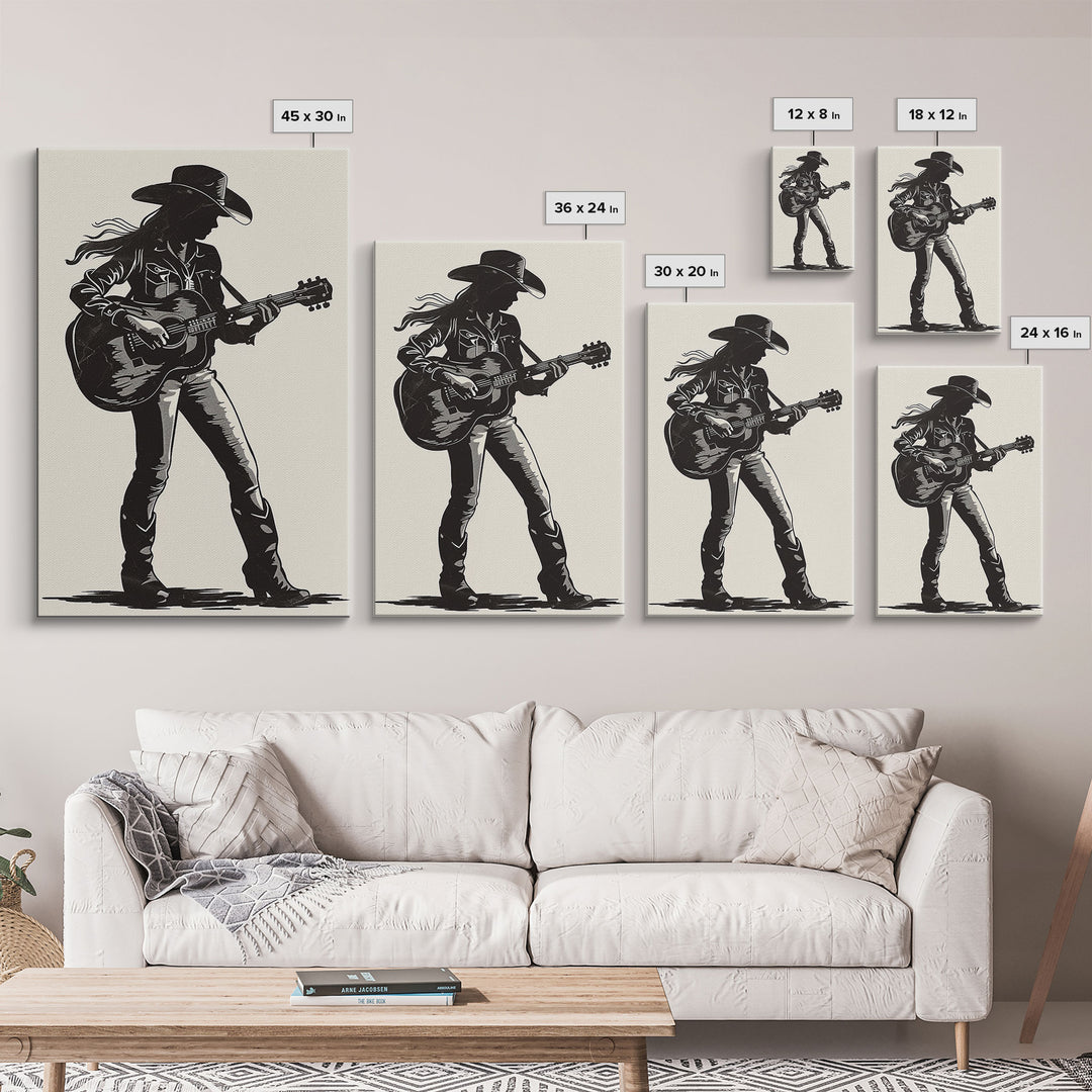 Cowgirl Guitarist Silhouette Art Print, Retro Western Framed Canvas, Vintage Country Music Art, Unique Wall Decor for Home