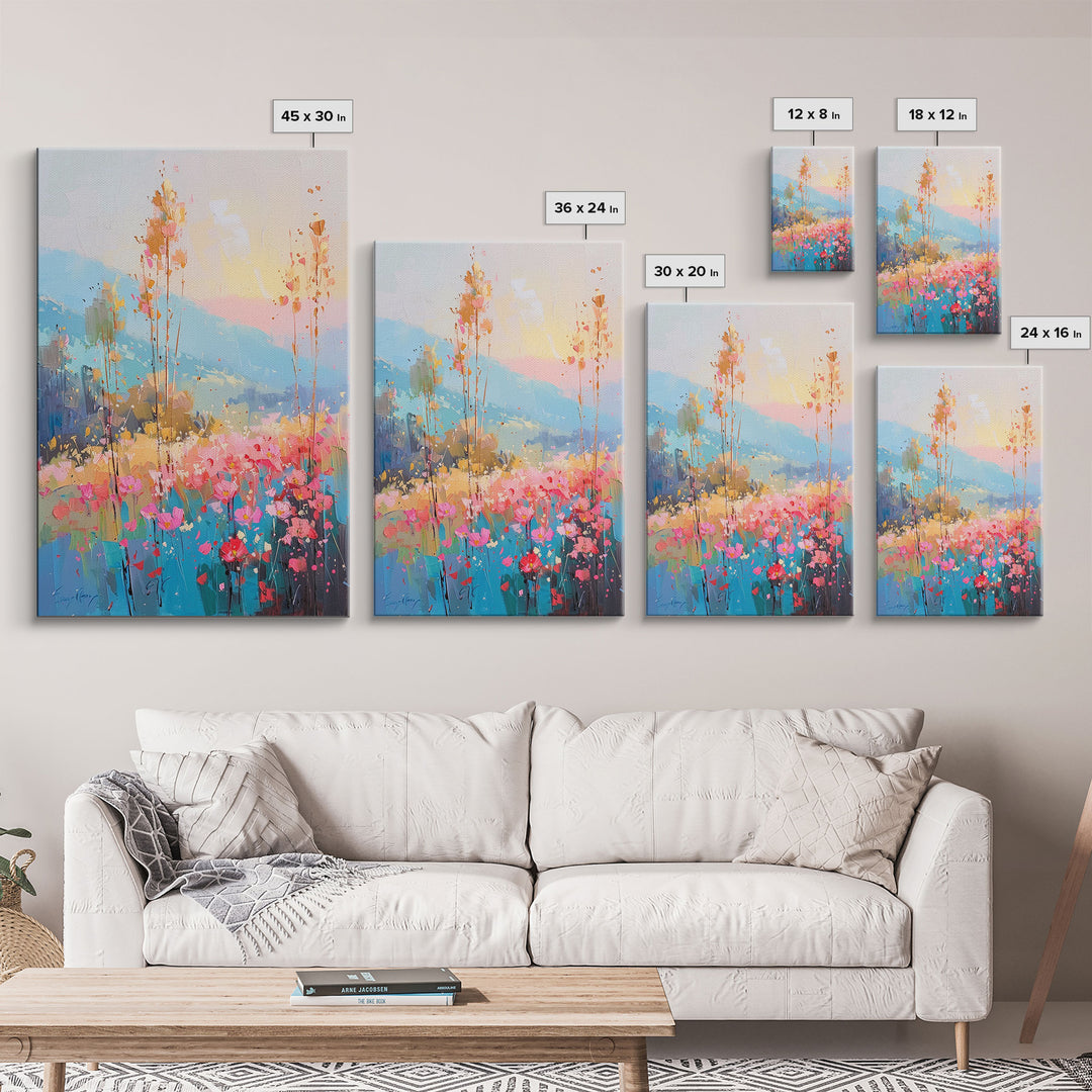 Serene Meadow Landscape at Sunrise - Framed Canvas Print, Tranquil Living Room Art, Peaceful Bedroom Decor, Pastel Flower Art, Wall Art