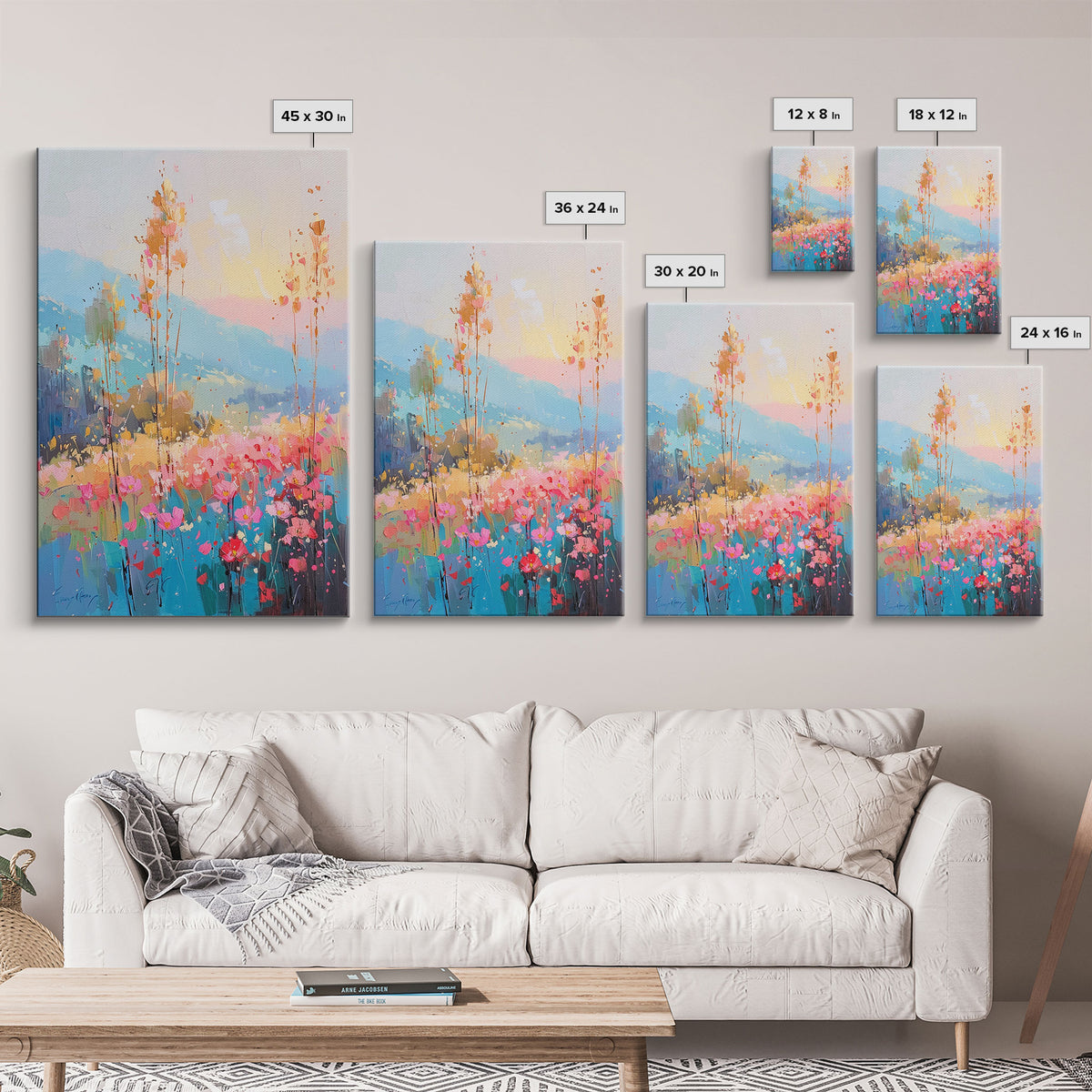 Serene Meadow Landscape at Sunrise - Framed Canvas Print, Tranquil Living Room Art, Peaceful Bedroom Decor, Pastel Flower Art, Wall Art