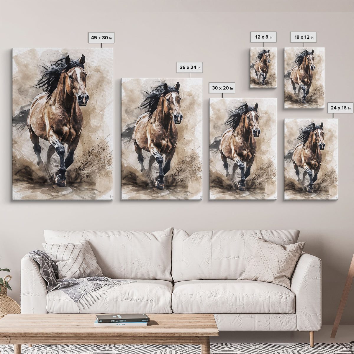 Powerful Horse Galloping - Framed Canvas Print, Dynamic Living Room Art, Energetic Bedroom Decor, Equestrian Art, Wall Art
