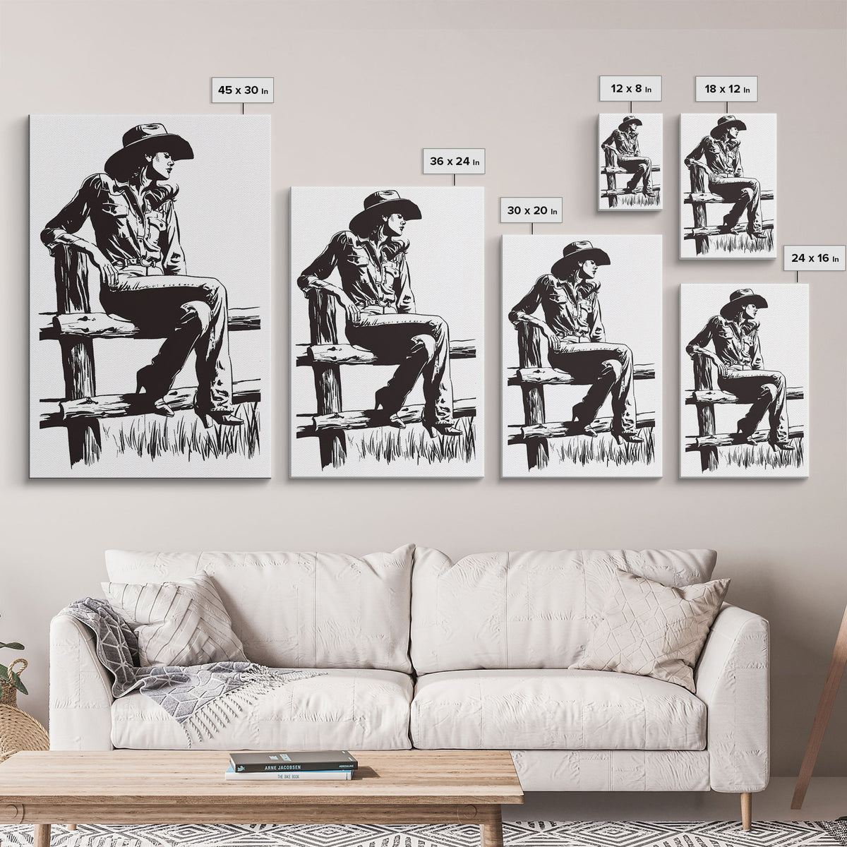 Cowgirl Resting on Fence Art Print, Western Silhouette Framed Canvas, Vintage Cowgirl Artwork, Rustic Home Decor