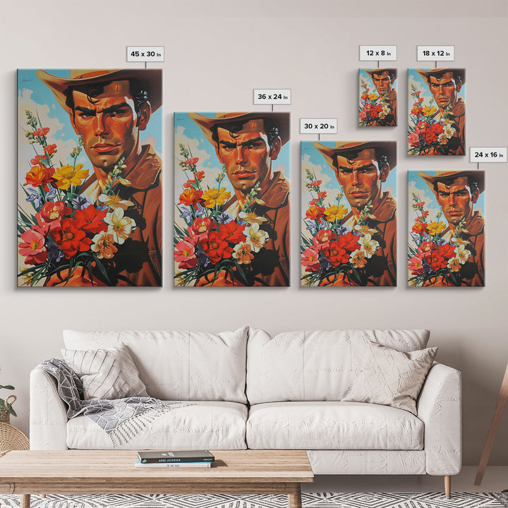 Cowboy with Bouquet of Flowers - Framed Canvas Print, Western Living Room Art, Rustic Bedroom Decor, Americana Art, Wall Art