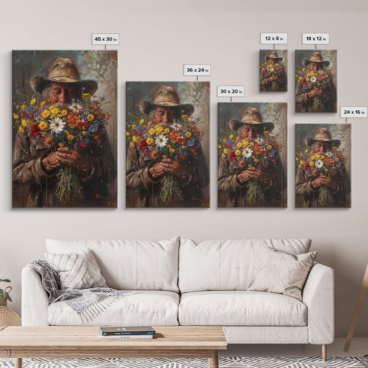 Old Cowboy with Wildflowers - Framed Canvas Print, Vintage Living Room Art, Rustic Bedroom Decor, Western Art, Wall Art