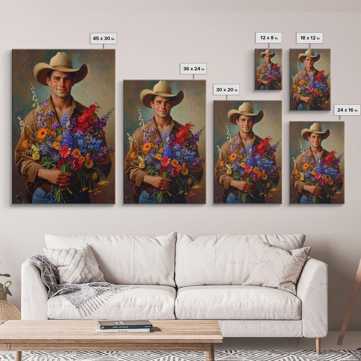 Handsome Cowboy with Wildflowers - Framed Canvas Print, Western Living Room Art, Rustic Bedroom Decor, Cowboy Art, Wall Art