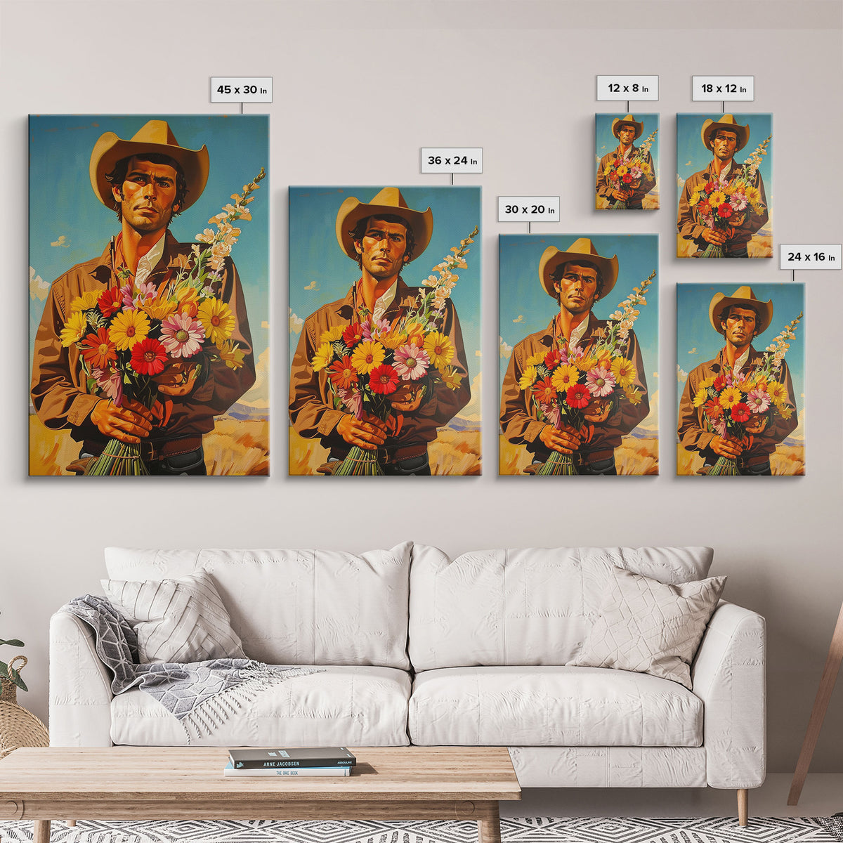 Vintage Cowboy Holding Flowers - Framed Canvas Print, Southwestern Living Room Art, Rustic Bedroom Decor, Retro Art, Wall Art