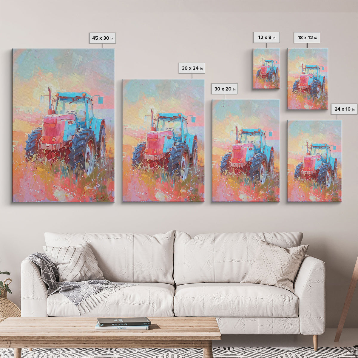 Colorful Tractor in Pastel Field - Framed Canvas Print, Farmhouse Living Room Art, Rustic Bedroom Decor, Rural Art, Wall Art