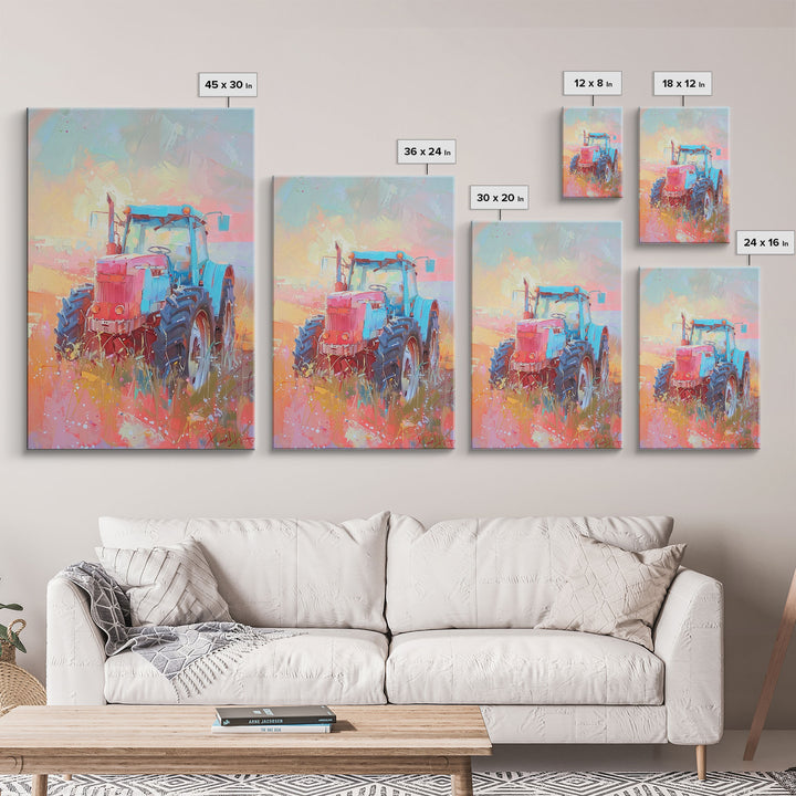 Colorful Tractor in Pastel Field - Framed Canvas Print, Farmhouse Living Room Art, Rustic Bedroom Decor, Rural Art, Wall Art