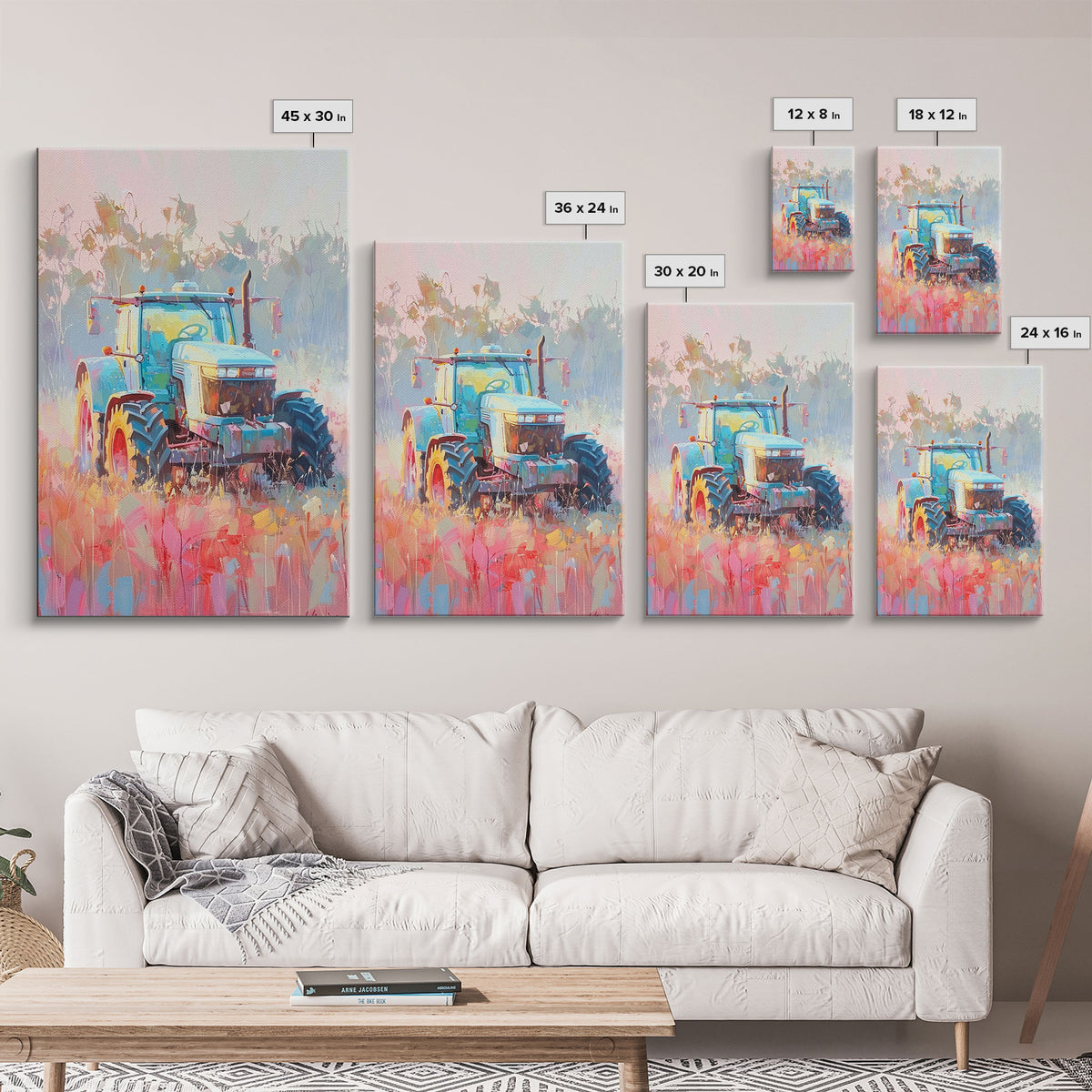 Farm Tractor in Vibrant Meadow - Framed Canvas Print, Countryside Living Room Art, Pastel Bedroom Decor, Rural Art, Wall Art