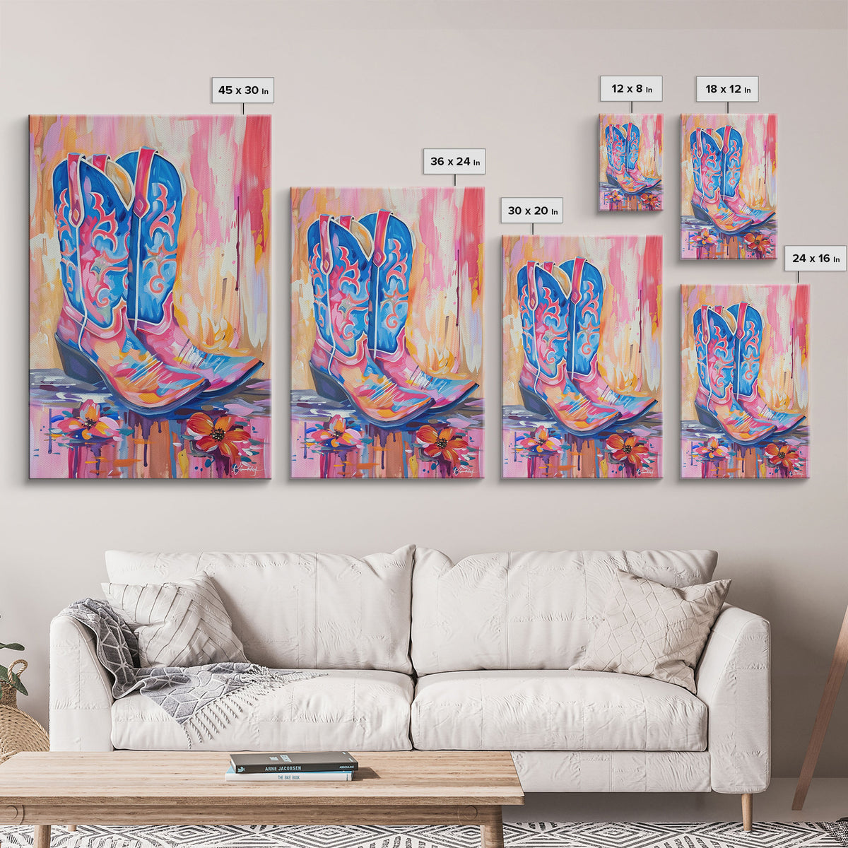 Colorful Cowboy Boots with Flowers - Framed Canvas Print, Rustic Western Decor, Vibrant Boot Wall Art for Home Decoration