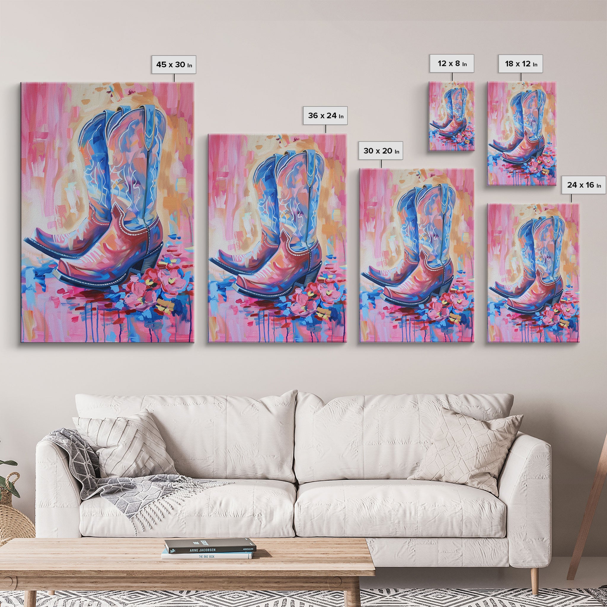 Bright Western Cowboy Boots Art with Floral Accents - Framed Canvas Print, Rustic Wall Art, Colorful Boot Decor for Living Room