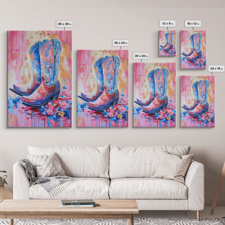 Bright Western Cowboy Boots Art with Floral Accents - Framed Canvas Print, Rustic Wall Art, Colorful Boot Decor for Living Room