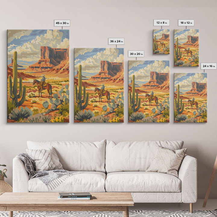 Desert Cowboy Riding Through Cactus - Framed Canvas Print, Western Landscape Art, Southwestern Wall Art for Home Decoration