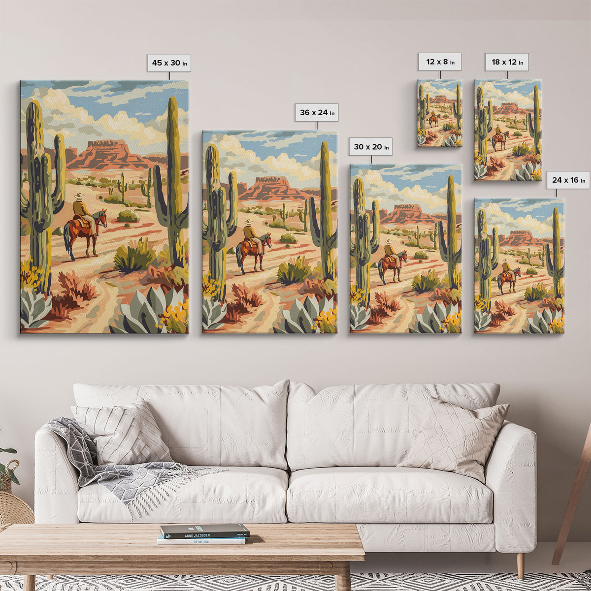 Cowboy Riding in Desert Landscape with Cacti - Framed Canvas Print, Western Art, Southwestern Decor, Desert Scene Wall Art for Home