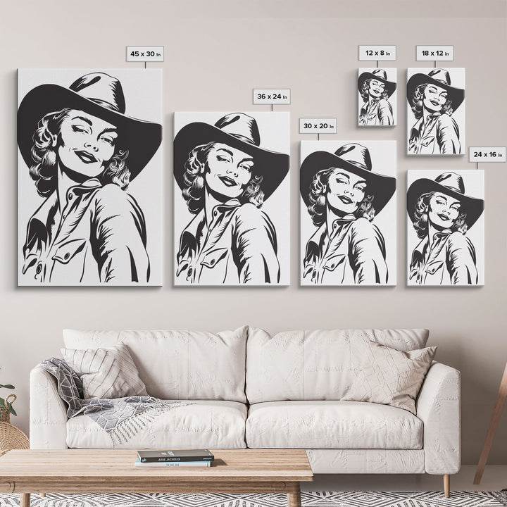 Smiling Cowgirl Portrait Art Print, Western Silhouette Framed Canvas, Vintage Cowgirl Artwork, Unique Wall Decor