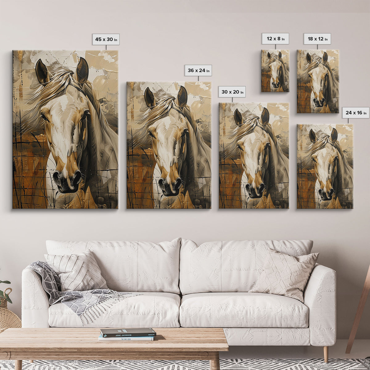 Realistic Horse Portrait with Warm Background - Framed Canvas Print, Equine Art, Living Room Wall Decor, Bedroom Horse Art Print
