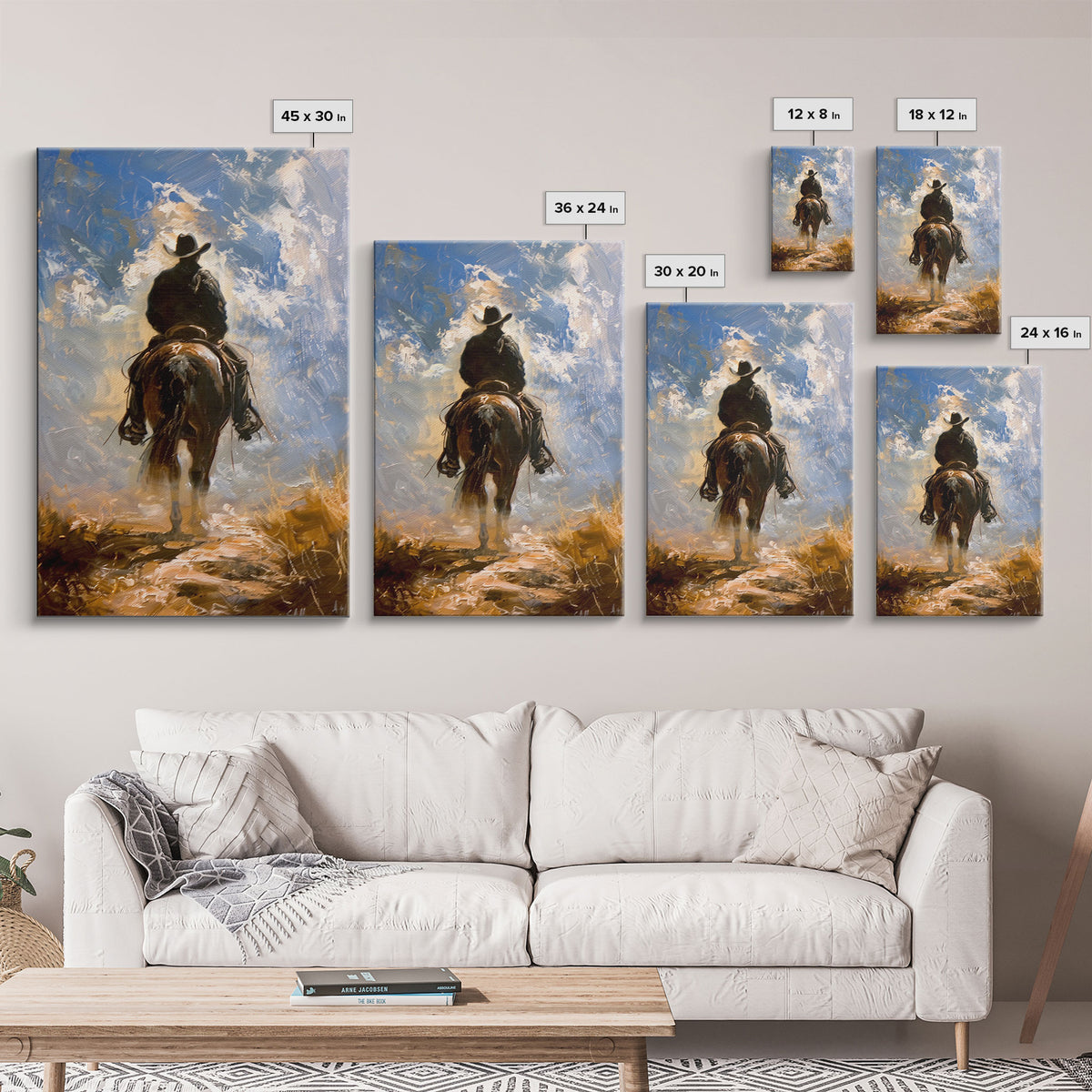 Cowboy Silhouette Riding Through the Plains - Framed Canvas Print, Western Art, Rustic Decor, Living Room Wall Art, Cowboy Themed Art