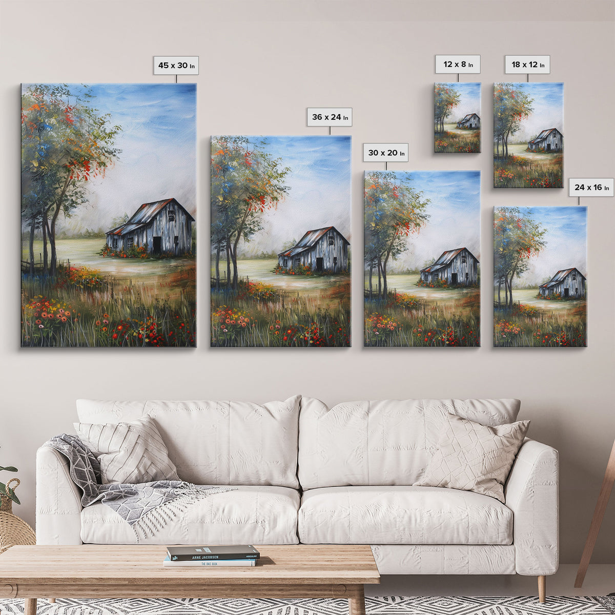 Idyllic Barn Scene with Rustic Charm - Framed Canvas Print, Country Living Room Decor, Farmhouse Wall Art, Barn Art Print for Bedroom