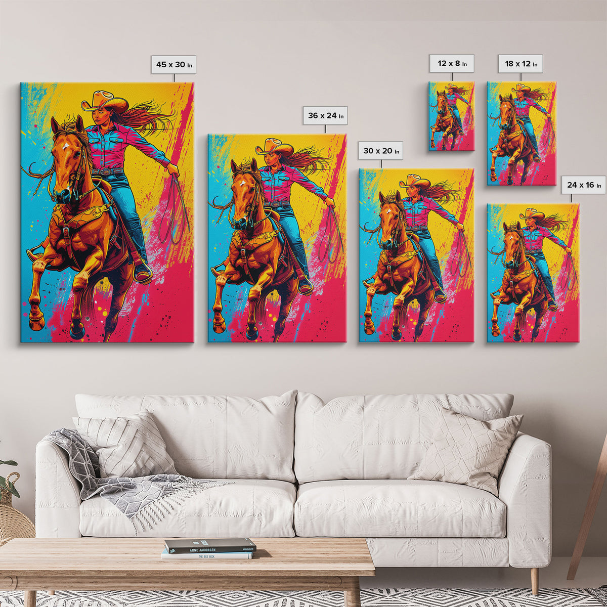 Bold Pop Art Cowgirl Riding Horse with Bright Colors - Framed Canvas Print, Equestrian Decor, Cowgirl Art for Bedroom, Living Room Wall Art