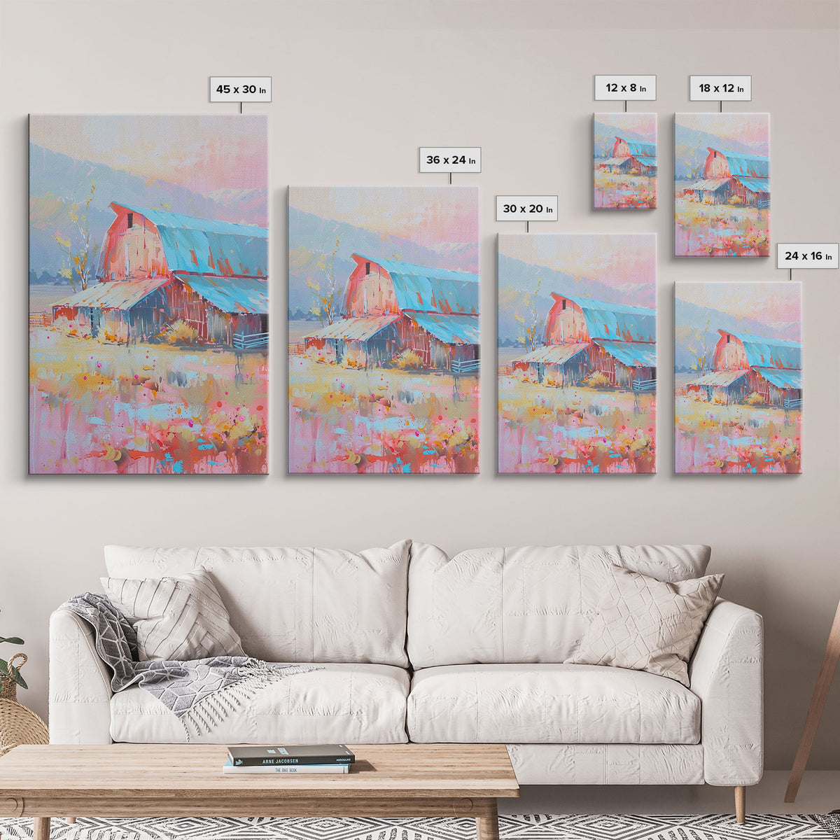 Rustic Pastel Barn in Countryside Landscape - Framed Canvas Print, Farmhouse Decor, Country Art for Living Room, Rustic Wall Art for Home