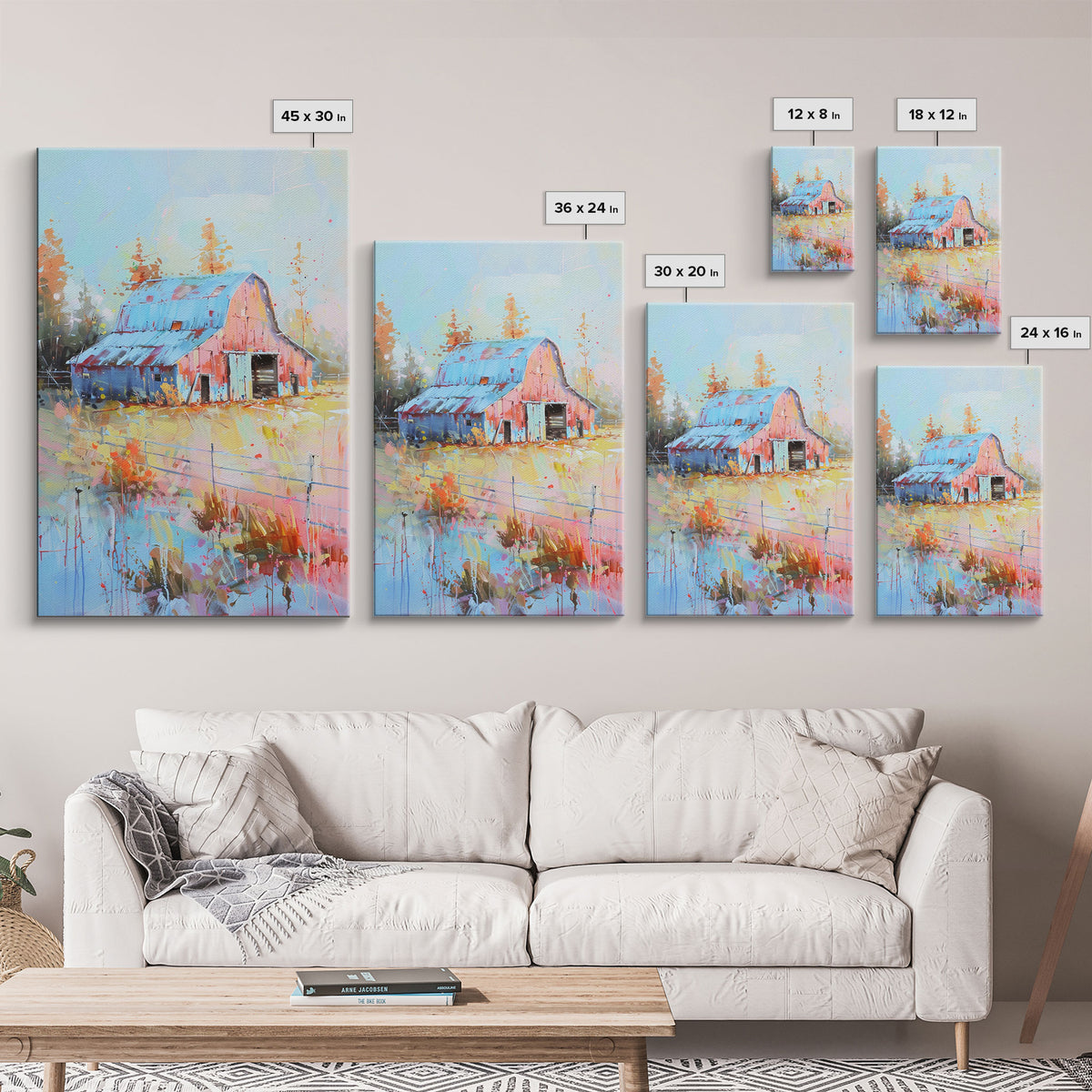 Serene Barn Scene in Soft Pastel Hues - Framed Canvas Print, Rustic Decor, Countryside Art for Bedroom, Farmhouse Wall Art for Living Room